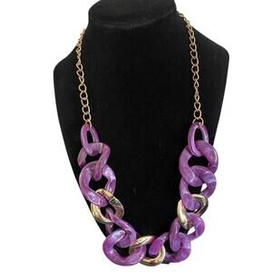 Vintage Purple Chunky Link Statement Necklace Gold Tone 80s–90s Retro Bold